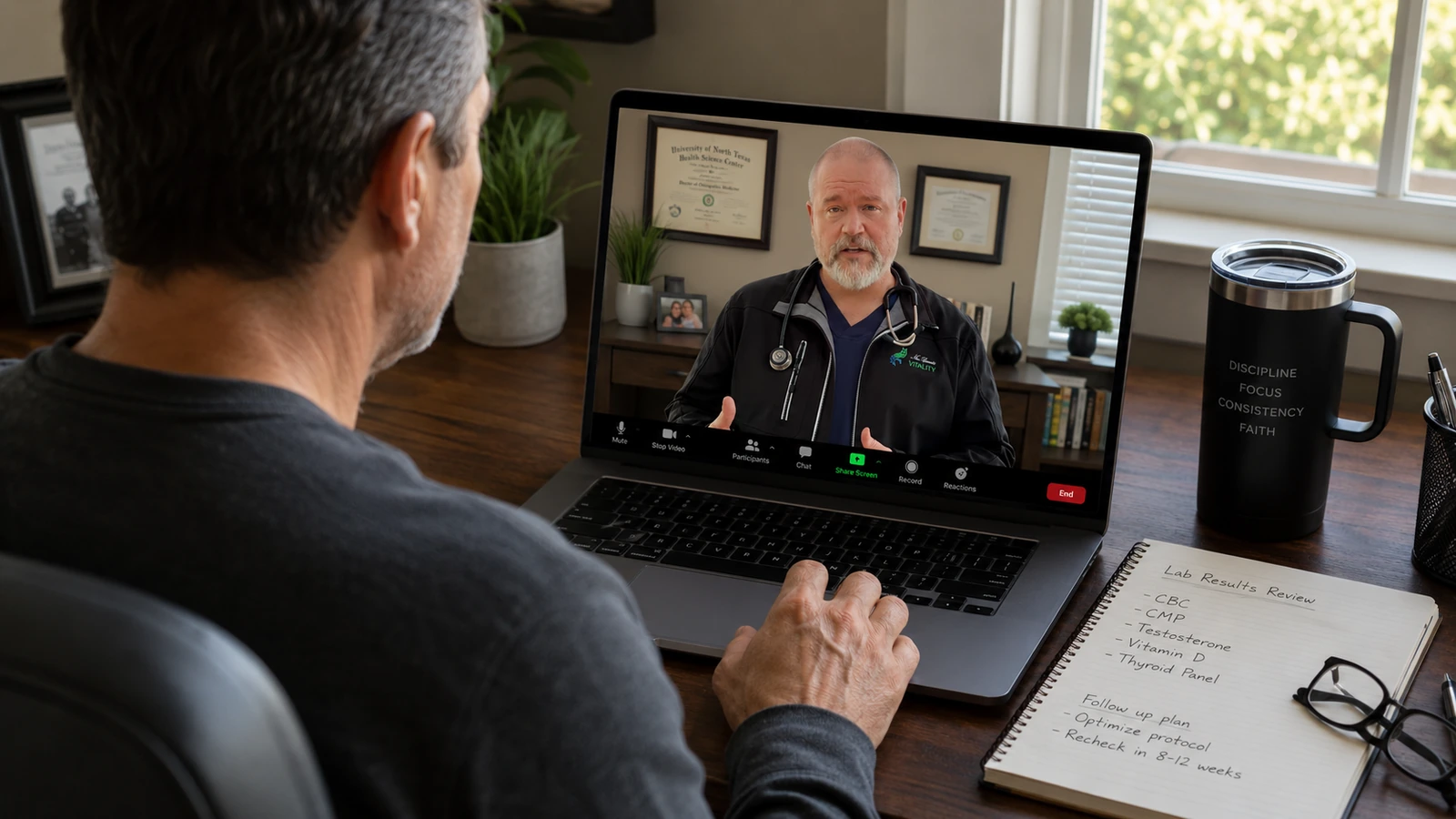 Adult in their fifties at a home desk during an online brain fog consultation.