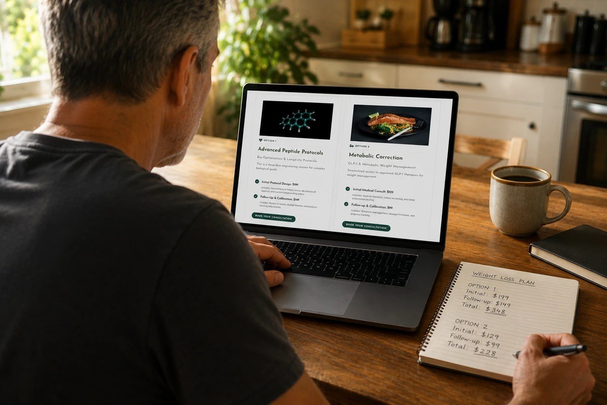 Patient reviewing published telehealth weight loss prices at a kitchen table before booking