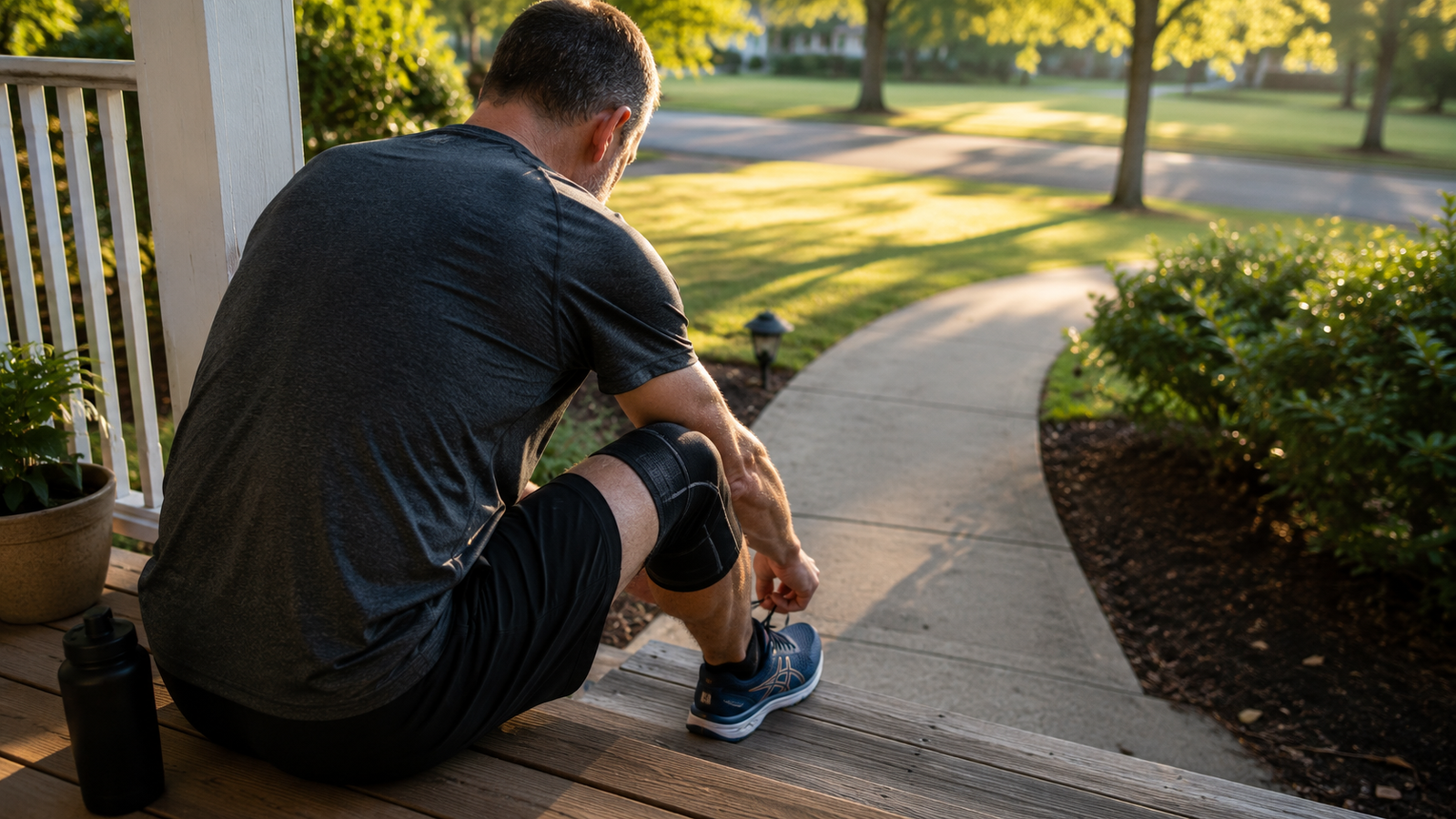 Man in his late forties lacing running shoes, returning to training after injury recovery.