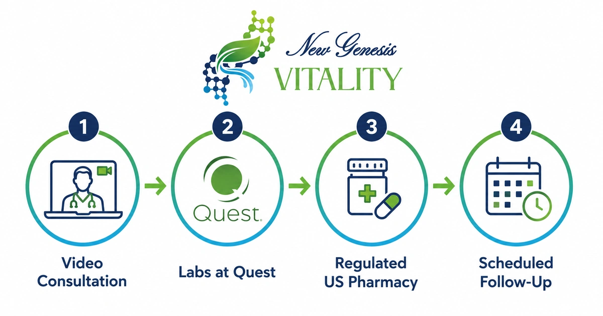  Four-step physician-led online peptide therapy process: video consultation, labs at Quest, regulated US pharmacy, scheduled follow-up