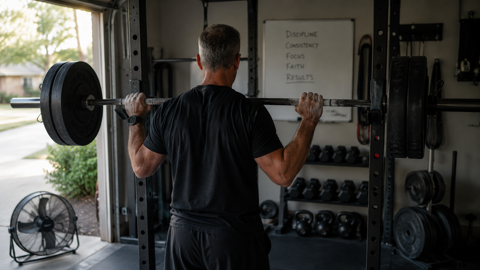 Man in his fifties re-racking a barbell during a strength and recovery program.